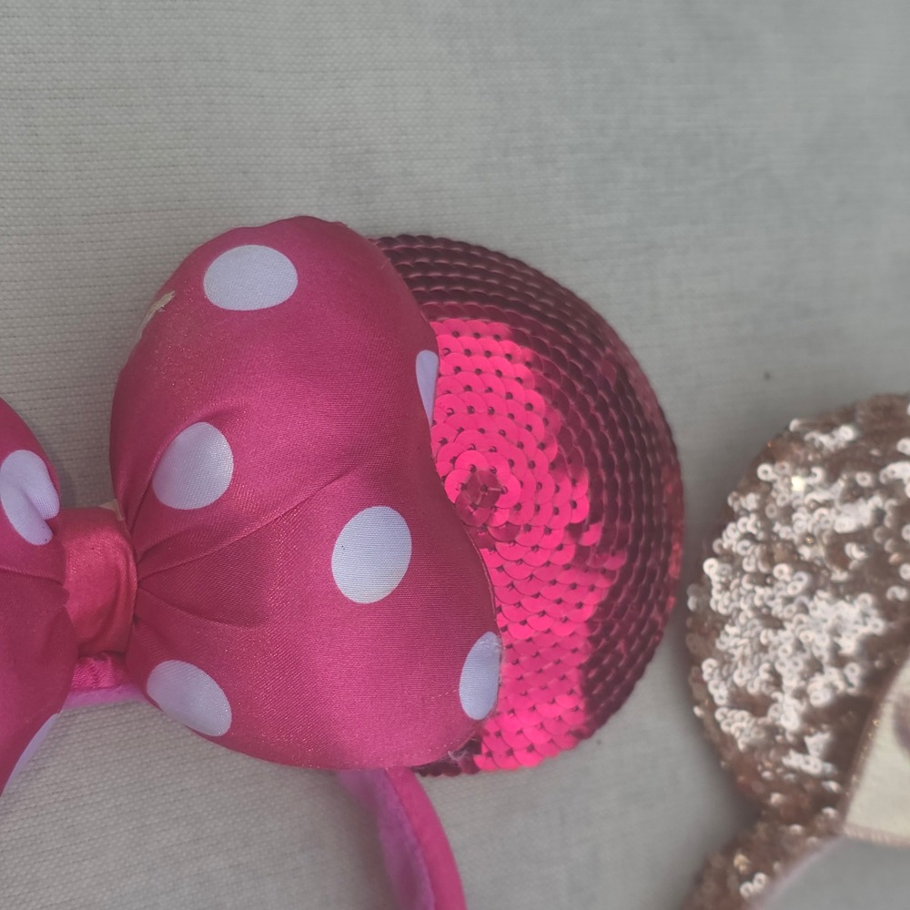 Disney Parks Minnie Mouse Ears Headband Lot Rose Gold Magenta Pink Sequins Bow - Picture 3 of 9